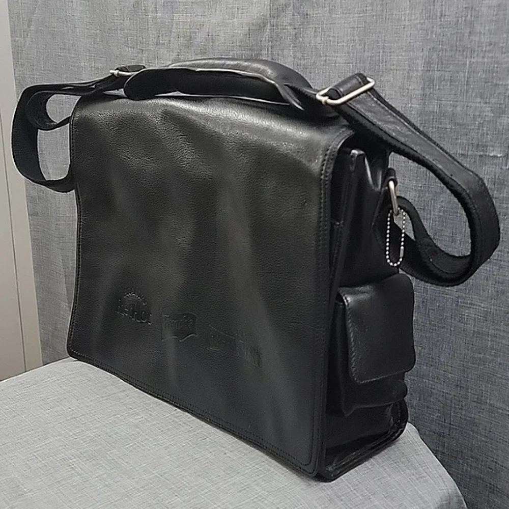 Bellino Black Leather Messenger Laptop Bag Briefcase w/ logos, office bag